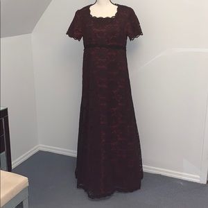 Custom-made wine and black lace maternity gown